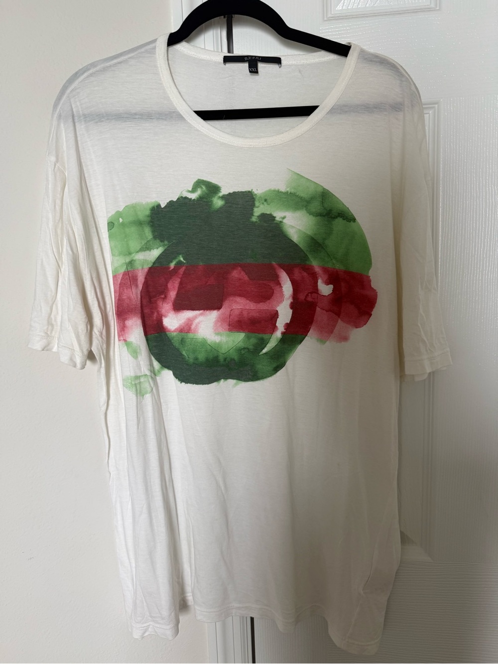 Men’s White Gucci Tee with Red and Green Watercolor Print